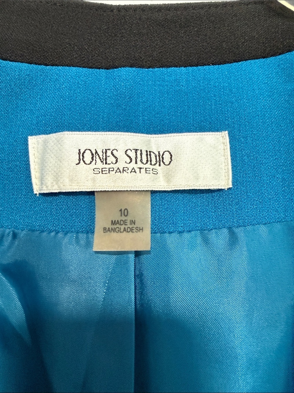 Jones Studio Teal 3/4 Sleeve Open Front Blazer with Black Trim Size 10 - Picture 2 of 5